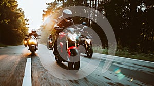 a group of motorcycle riding on the road together, speeding and overtaking, summer activity