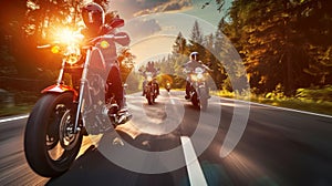 a group of motorcycle riding on the road together, speeding and overtaking, summer activity
