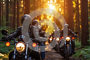 Group of motorcyclists riding through a forest at sunset. The riders are wearing helmets and leather jackets, and there