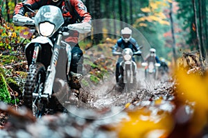 Group of motorcyclists riding through a forest trail