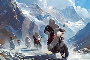 group of motorcyclists riding through a mountain pass. The riders are wearing helmets and leather jackets, and there are