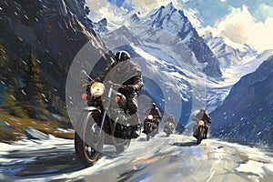 group of motorcyclists riding through a mountain pass. The riders are wearing helmets and leather jackets, and there are