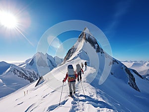 group of mountaineers with backpacks climbing mountains in winter