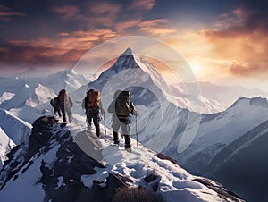 group of mountaineers with backpacks climbing mountains in winter