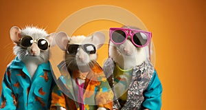 Group of mouse mice in funky Wacky wild mismatch colourful outfits isolated on bright background advertisement