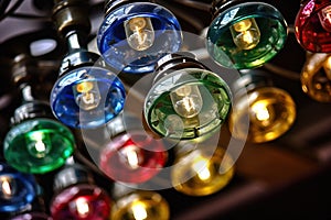 a group of multi colored lights hanging from a ceiling in a room with a black wall behind them and a black wall behind them with