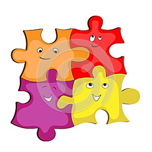 Group of multi-colored puzzles with smiling faces.