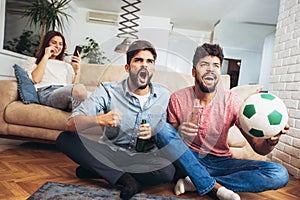 Group of multi national football fans cheering