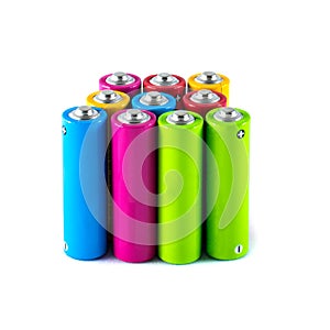 Group of multicolored AA batteries LR6 elements