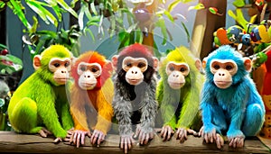 Group of Multicolored Monkey Dolls in a Souvenir Shop - Generative Ai