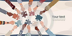 Group of multicultural business people with raised arms holding a piece of jigsaw. Colleagues of diverse ethnic groups and culture