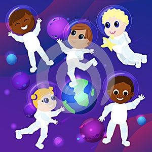 A group of multicultural children in astronaut costumes are in outer space. They have fun against the backdrop of Planet Earth.