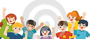 Group of Multicultural happy kids joyfully jumping and waving hands on white background.