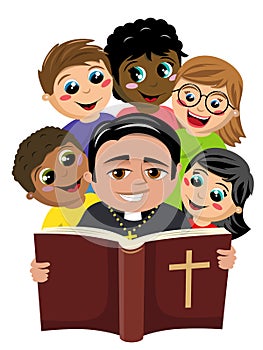 Group of multicultural happy kids surrounding christian priest reading holy bible book isolated on white