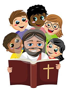 Group of multicultural happy kids surrounding jesus christ reading holy bible book isolated on white