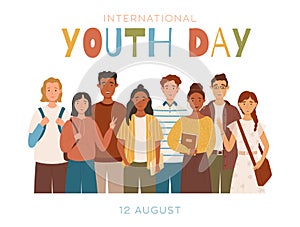 Group of multicultural students flat vector illustration. International Youth Day. Happy teenager in casual clothes