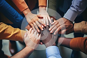 Group of multiethnic businesspeople joining hands together in a circle, A group of diverse hands holding each other in support,
