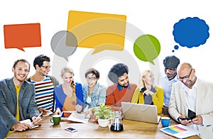 Group of Multiethnic Cheerful Designers with Speech Bubbles photo