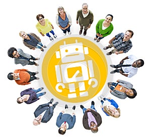 Group of Multiethnic Cheerful People with Robot Symbol