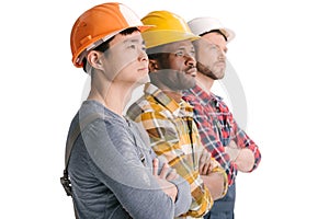 group of multiethnic construction workers in row