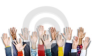 Group of Multiethnic Diverse Colorful Hands Raised