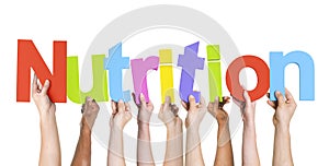Group of Multiethnic Hands Holding Nutrition photo