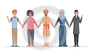 Group of multiethnic people vector flat illustration. Diverse people standing together. Diversity and social