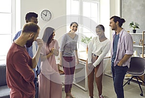 Group of multiracial best friends have fun communicating with each other at home.