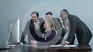 Group of multiracial businesspeople together videoconferencing at workplace