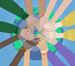 Group of multiracial human hands Together Joining on the Earth concept. Team and union.