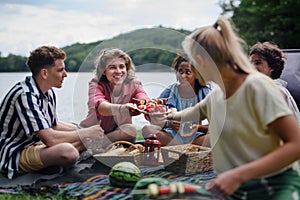 Group of multiracial young friends camping near lake and and having barbecue together, looking at camera.