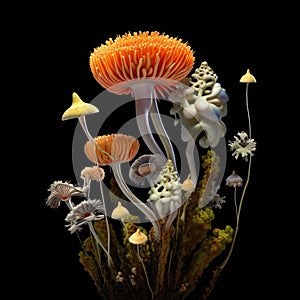 Group of mushrooms, including some large ones and smaller ones. They are arranged in various positions on table, with