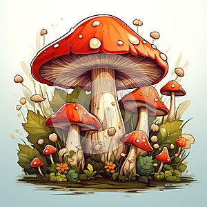 Group of mushrooms sitting on top of lush green field. Generative AI