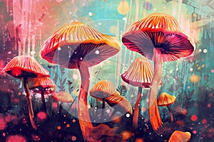 A group of mushrooms sitting on top of a lush green field. Generative AI image.