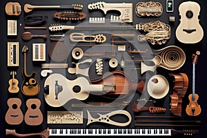 Group of musical instruments. Created with generative AI technology.