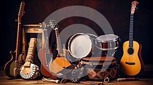 a group of musical instruments including a guitar, drum, keyboard, tambourine. generative ai