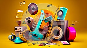 Group of musical instruments and speaker on yellow background 3d illustration. Generative AI