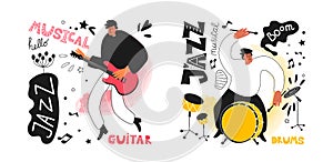 A group of musicians with jazz instruments. Drummer and guitarist