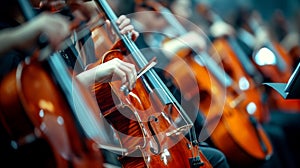 A group of musicians playing cellos and violins in a concert, AI