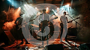 Group of Musicians Playing at a Concert with Vibrant Stage Backdrops