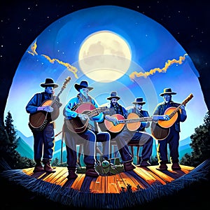 A group of musicians playing musical instruments in the moonlight. Illustration AI Generated