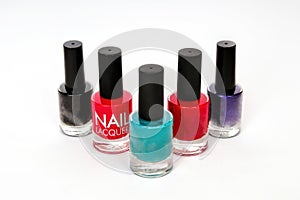 Group of nail polish on white background