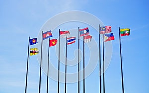 Group of nation flags ASEAN with blue sky