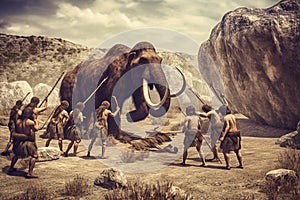 group of neanderthal cavemen hunting a mammoth, stone age humans
