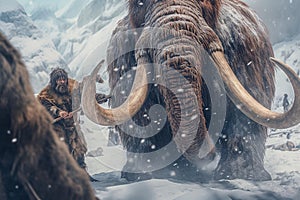 group of neanderthal cavemen hunting a mammoth on winter, snow and cold climate, stone age humans