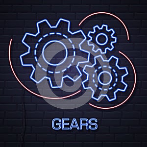 Group of neon gears on dark brick background.  Neon Cog icon design.