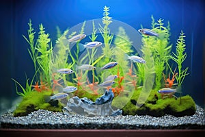 a group of neon tetras under spotlight in a planted tank