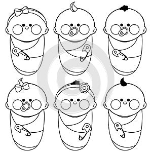 Group of newborn babies wrapped in cloth. Cute baby girls and boys infants. Vector black and white coloring page. photo