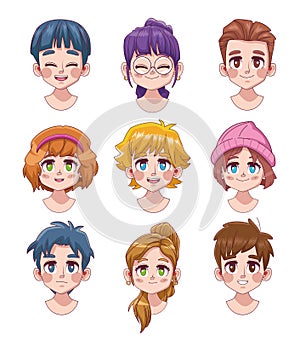 group of nine cute youngs teenagers manga anime characters