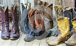 A Group of Nine Pairs of Old Cowboy Boots